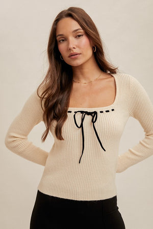 Tied With A Bow Sweater Top: Cream