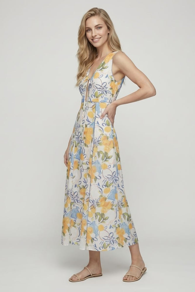 maxi dress with lemon print Blue Cotton Lemon Print Maxi Dress - All Dresses