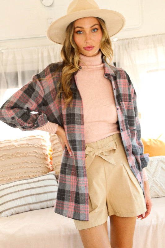 Apple Picking Flannel: Pink/Grey
