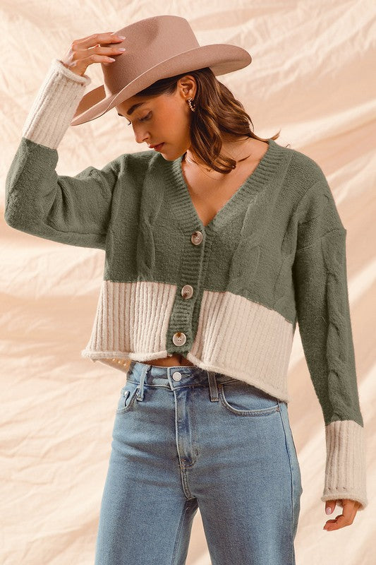 Hello Fall Sweater Cardigan: Olive/Oatmeal